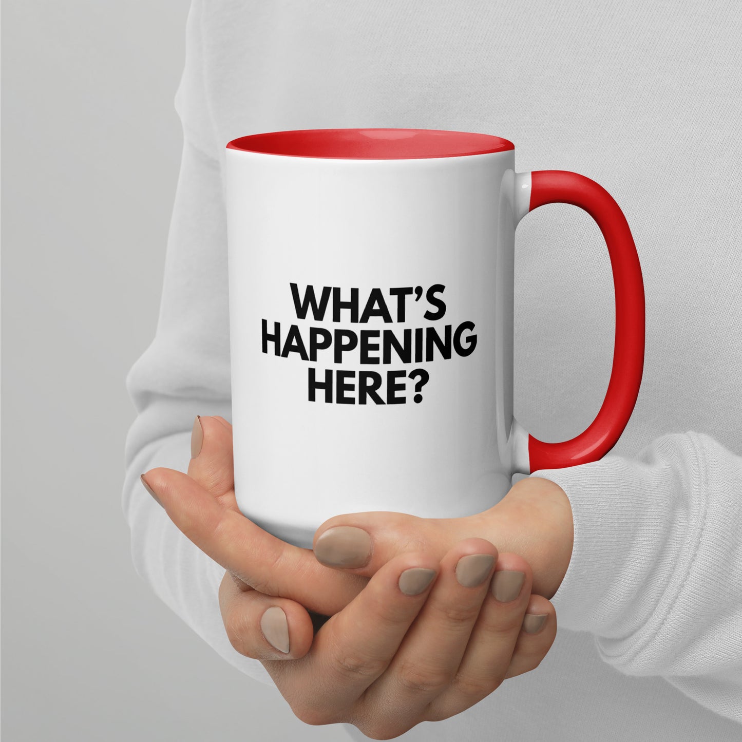 "What's Happening Here?" White and Red CC Mug
